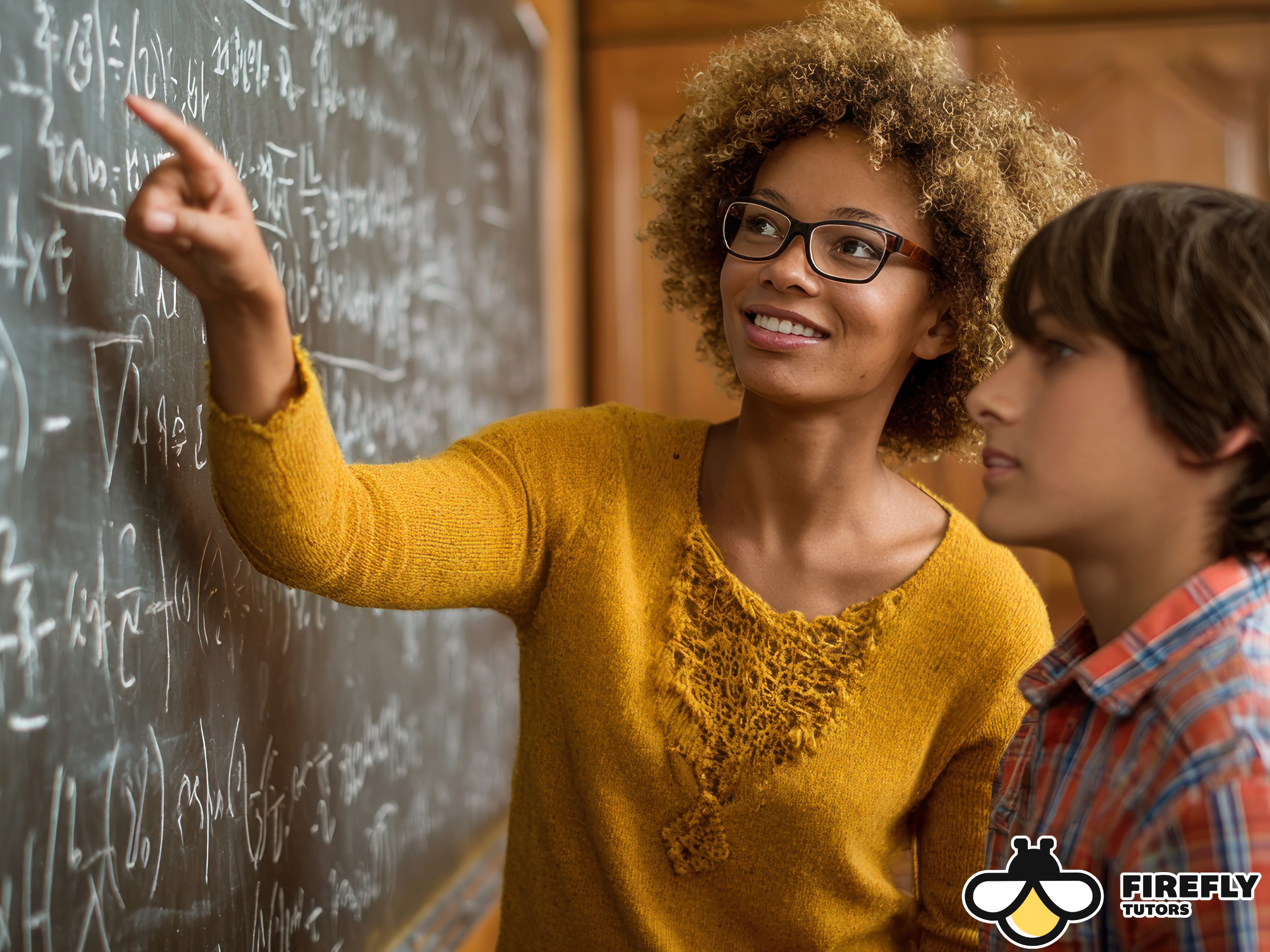 A teacher pointing at math equations on a chalkboard while a student observes attentively addressing America’s Math Crisis
