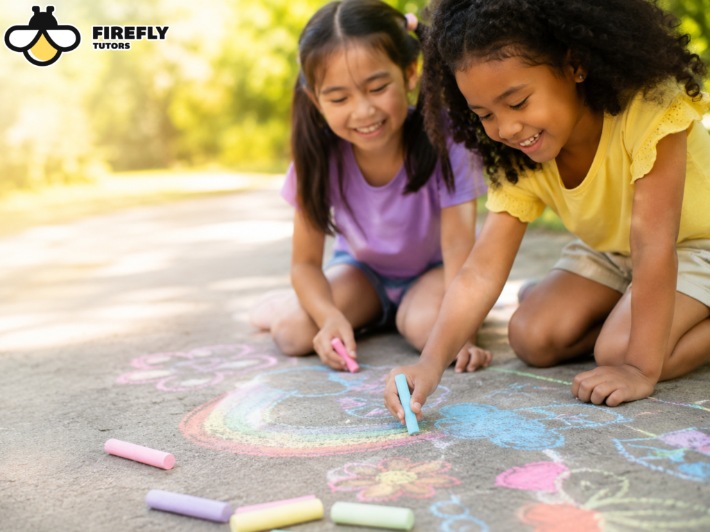 Two children drawing a chalk rainbow outside while learning through play over summer break