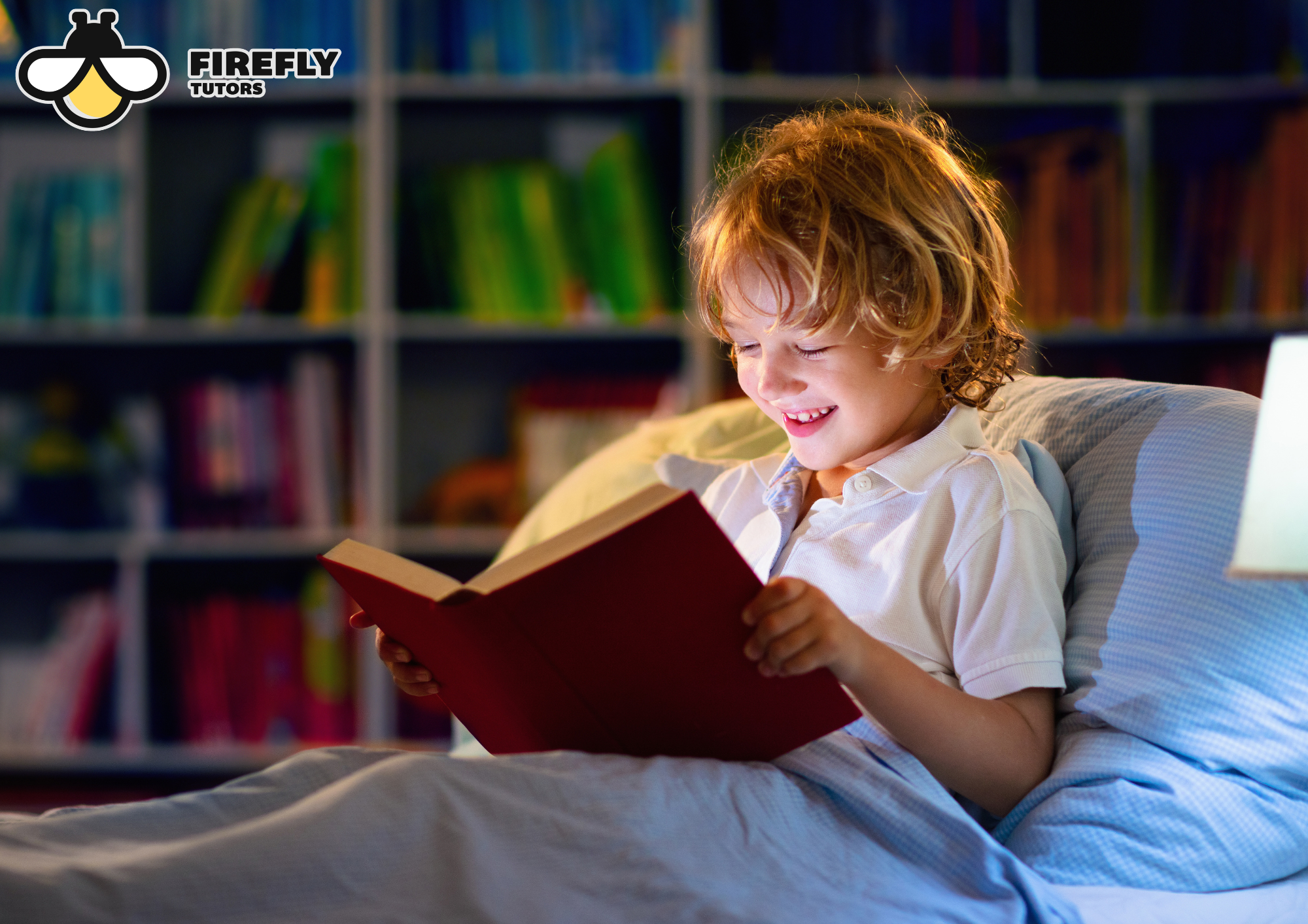 Child reading in bed as part of a consistent bedtime routine, one of the key back to school tips for a strong start