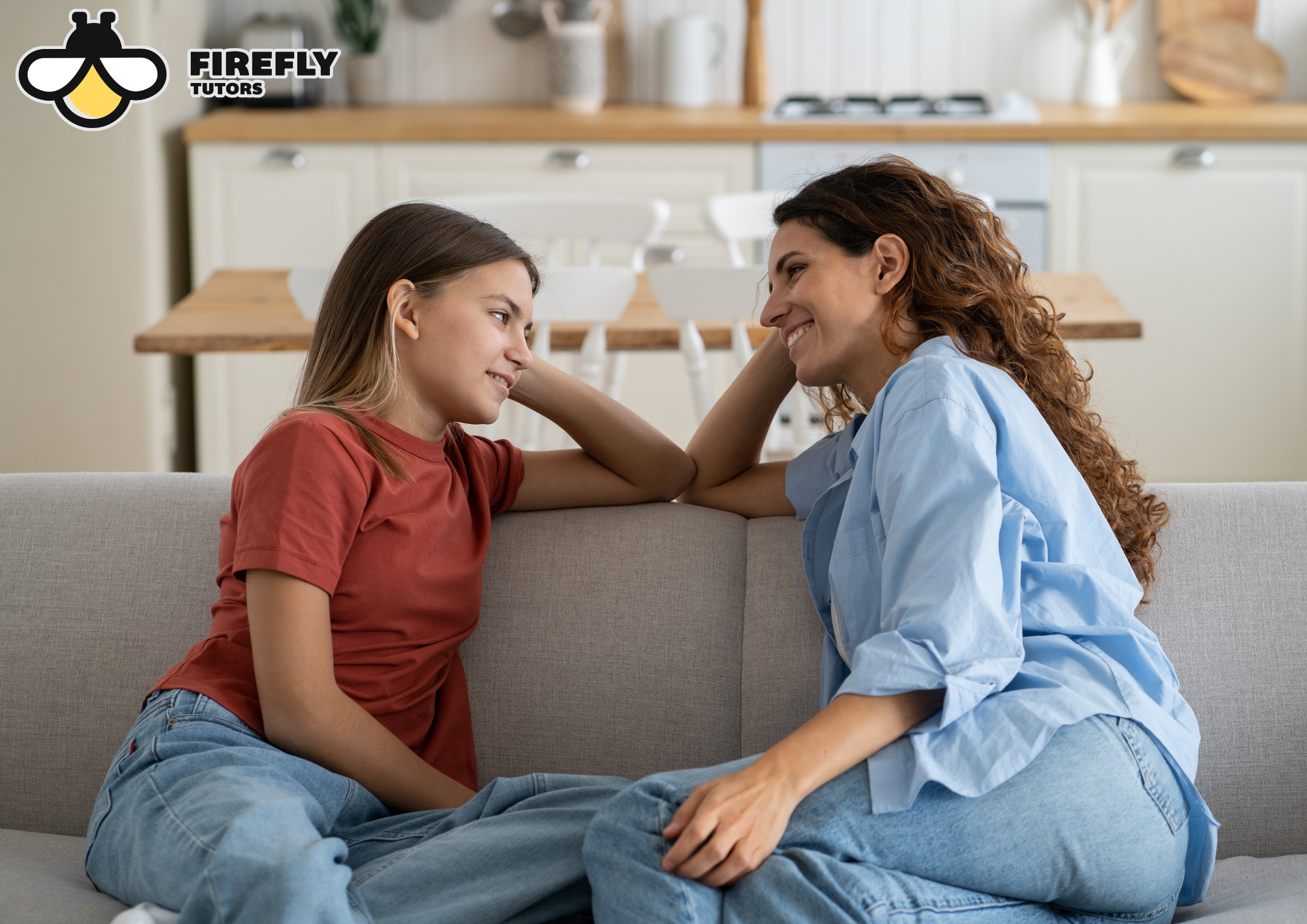 Parent and teen talking at home about goals for the new school year and where they may need support